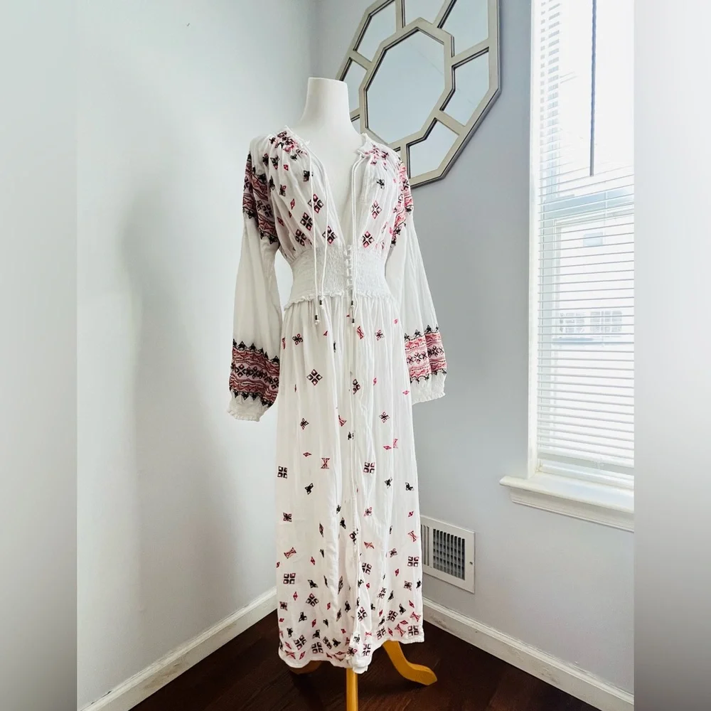 Free People White and Pink Embroidered Tunic